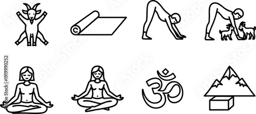 National Goat Yoga Month icon set with animals and yoga poses
