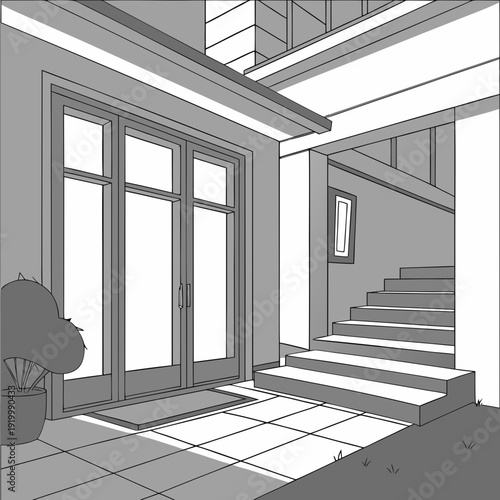 Architectural Drawing of Modern House Exterior with Stairs.