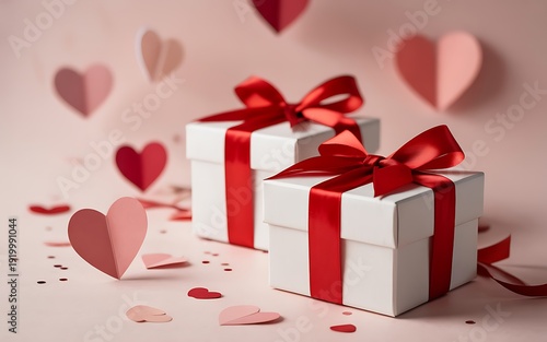 Romantic gift boxes with red ribbons and paper hearts on pink background