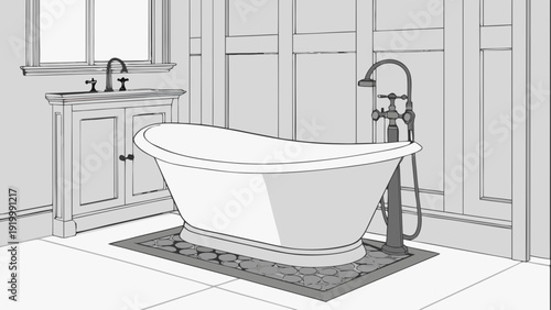 Elegant Bathroom Interior Sketch with Freestanding Tub.