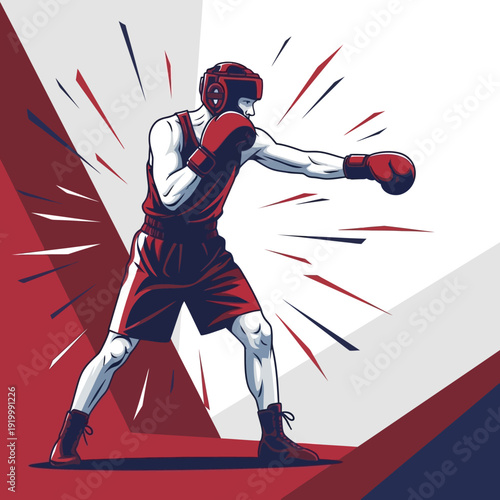 Aggressive Boxer Throwing Punch in Red and Blue Uniform with Dynamic Background