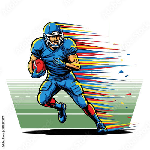 American Football Player Running with Ball, Dynamic Action Blur, Sport Illustration