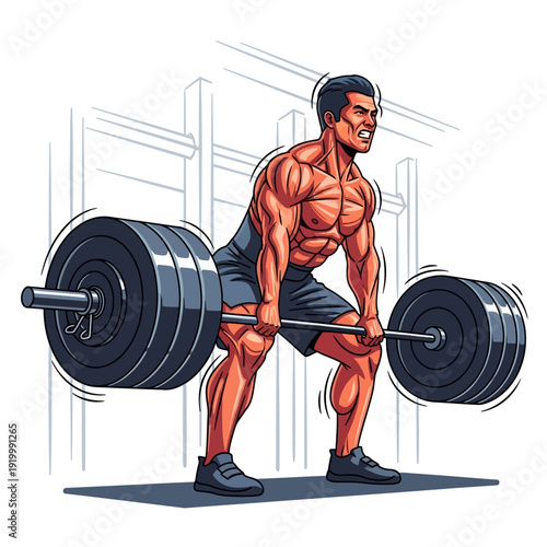 Muscular man performing a heavy deadlift in a gym, illustration