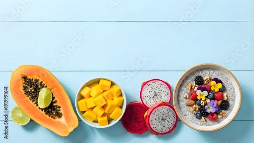 Realistic flat lay scene of a colorful fruit breakfast spread on a pastel blue surface, including sliced papaya, mango cubes, dragon fruit, and a bowl of chia pudding
