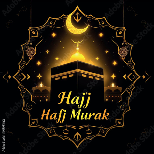 Luxury Hajj Mubarak 2026 Poster With Golden Mosque Design