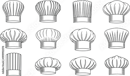 Chef hat outline collection in vintage engraving style professional cooking uniform vector illustration set