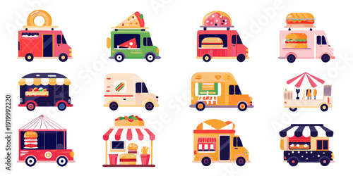 Colorful illustration of various food trucks offering different cuisines