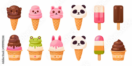 Adorable animal shaped ice cream cones and popsicles in a colorful design