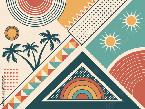 Modern boho illustration featuring palm trees, suns, and geometric shapes in a warm retro color palette. Perfect for posters, wallpaper, textile, creative backgrounds.