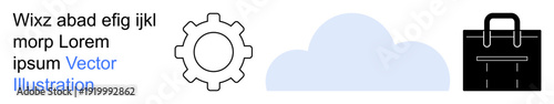 Technology, business, cloud computing, infrastructure, networking, corporate solutions. Gear, cloud and briefcase symbols side by side. Technology and business concept