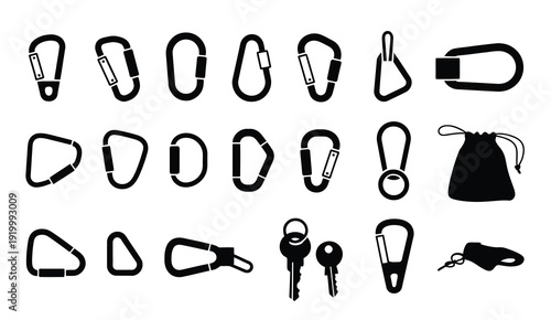 Collection of carabiner clips and keyrings, lobster clasps with small pouch isolated on white background, detailed vector hardware accessories for camping, travel gear, key chains, and bag attachments