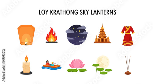Ten flatstyle icons related to Loy Krathong and sky lanterns arranged in two rows