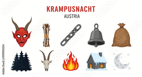 Krampusnacht icons including a demon mask birch bundle chain bell sack trees skull fire cabin moon