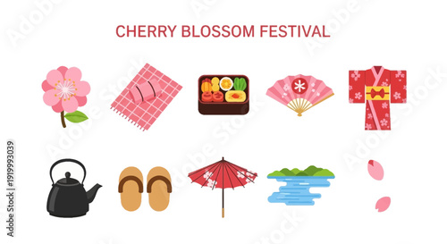 Flat icons related to a Japanese Cherry Blossom Festival arranged in two rows