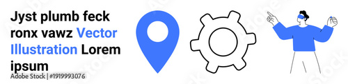 Navigation, technology, virtual reality, innovation, interface design, user experience. Blue location pin, gear symbol person wearing VR headset. Navigation and technology concept