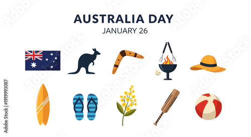 Australia Day icons including flag kangaroo boomerang BBQ hat surfboard thongs wattle bat and ball