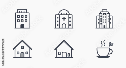 Web Outline Icons of Hotel Hospital Apartment Mall Coffee Shop