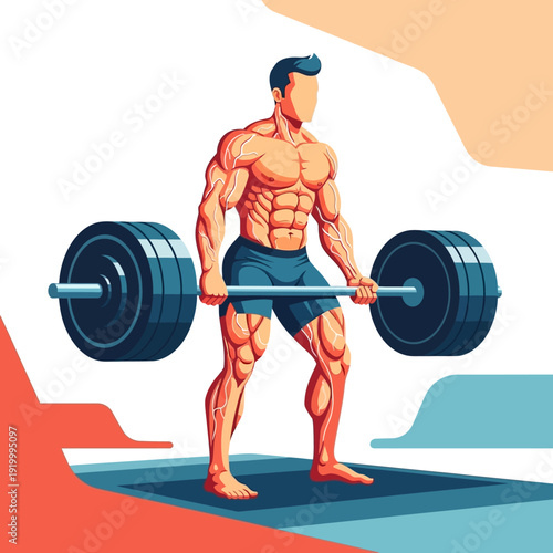 Muscular Bodybuilder Lifting Heavy Barbell, Fitness Motivation