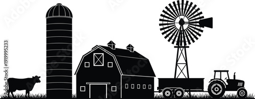 Rural farm silhouette with barn, silo, windmill, tractor and cow, agriculture landscape vector illustration isolated on white background