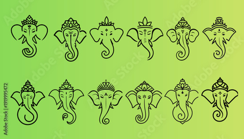 Ganesha Line Art Icon Set Hindu Lord Ganpati Outline Vector Illustration Isolated On Green Background. Ai generated