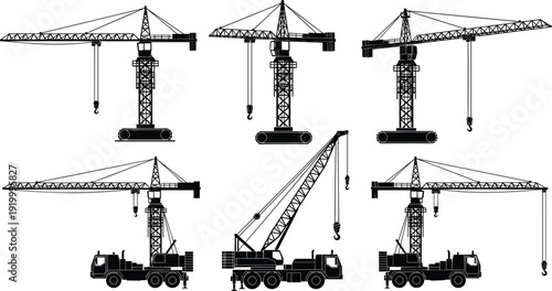 Tower crane and mobile construction crane silhouettes set, heavy lifting equipment vector illustration, industrial building machinery collection isolated on white background