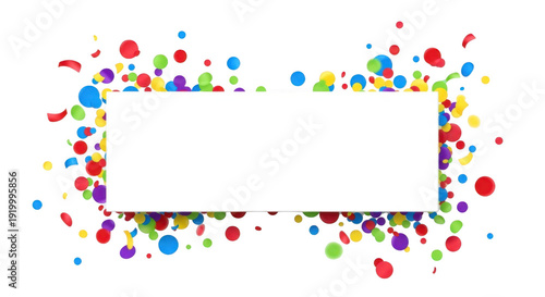 Festive colorful confetti and streamers framing a blank white space for text