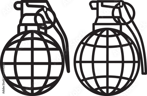 Stylized icon of two hand grenades, representing conflict, danger, and potential destruction in a bold graphic style.