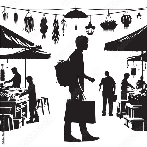 Black Market shopping Silhouette Vector, High Quality Illustration on White Background
