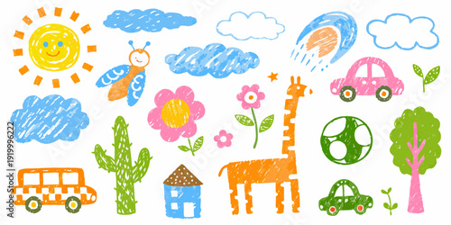 Colorful childlike drawing featuring sun clouds animals and plants