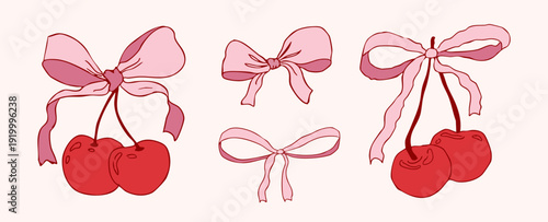 Coquette cherry with bow set. Cute cherries with ribbon. Elegant girly y2k for posters, cards, logo, printing. Aesthetic, trendy pink girly berry crafts bows coquette,