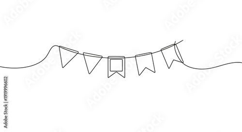 Minimalist Bunting Garland Line Art: Celebration Flags and Square Banner on String
