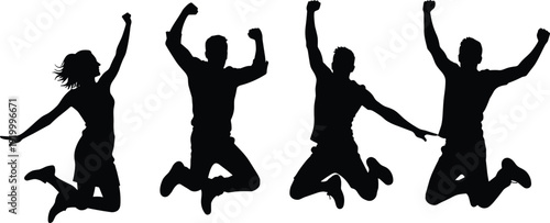 jumping people silhouettes, celebration, success, teamwork, victory, happiness, energetic pose, achievement, freedom, excitement, party, joy, sport, 
