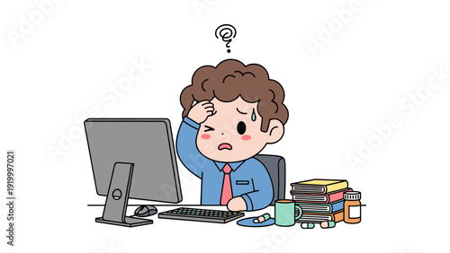 Cartoon man sitting at a cluttered desk, looking stressed and overwhelmed with paperwork and computer