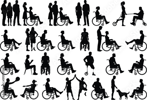 Disabled people silhouette collection, wheelchair users, rehabilitation, mobility assistance, inclusive lifestyle, healthcare support, accessibility, social interaction, vector illustration set