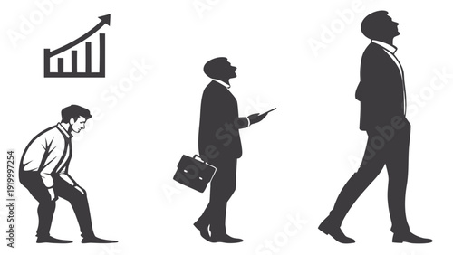 A businessman transitions from struggling to success, illustrated in three stages, from bending to walking confidently