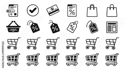 Collection of shopping cart and sale icons in various styles on a clean white background