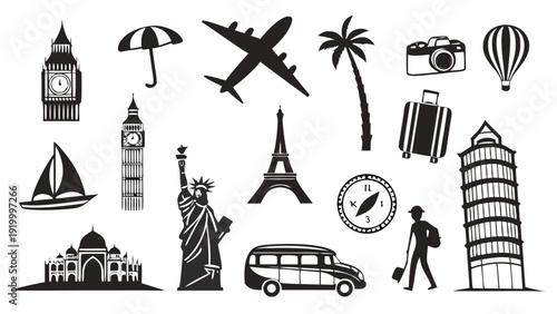 Collection of iconic travel symbols and landmarks depicted in a minimalist style, viewed from a straightforward perspective