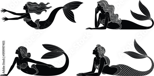 Detailed mermaid silhouette collection, black sea siren vector illustration set, fantasy aquatic woman design isolated on white background