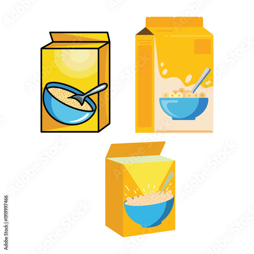 Cornflakes cereal box mockup with breakfast bowl and milk splash flat design vector