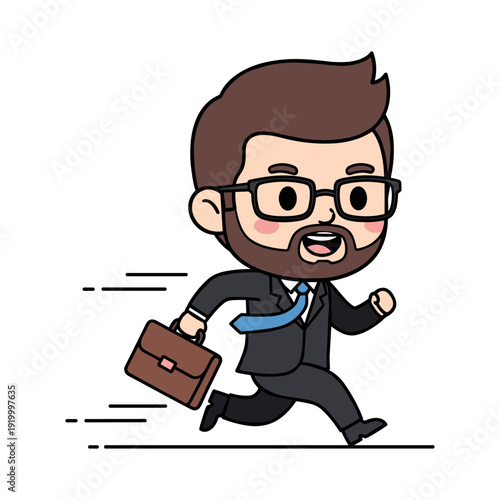Illustration of a smiling cartoon businessman in a suit, running with a briefcase, conveying energy and urgency