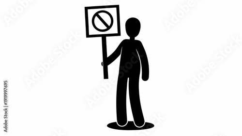 Silhouette of a person holding a sign with a prohibition symbol standing against a neutral background viewed from the side