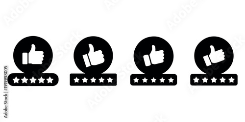 Set of four rating icons with thumbs up and stars, concept for customer review and quality feedback about product or service