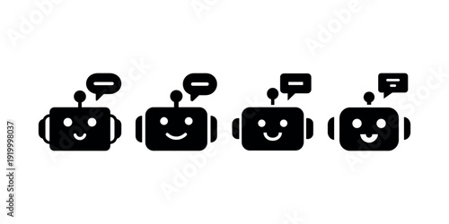 Set of black robot icons for chatbots and assistants, representing communication, artificial intelligence, and digital support in a clean modern style.