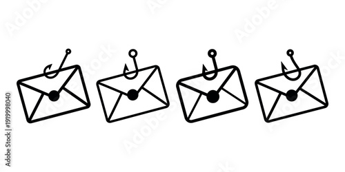 Set of four different phishing email icons in black and white style with a fishing hook in the envelope, concept for fraud