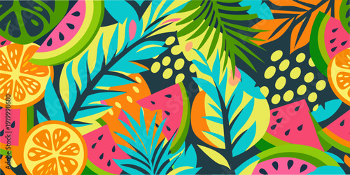 A vibrant tropical pattern featuring various fruits and lush foliage