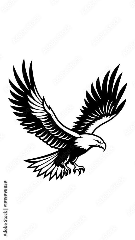 Obraz premium Minimal monochrome flying eagle outline drawing, claws extended, clean line art design