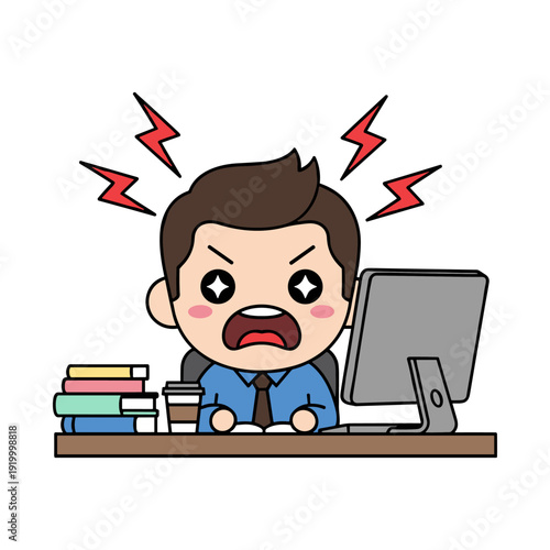 A cartoon man sitting at his desk, looking stressed and overwhelmed with work, surrounded by books and a computer.