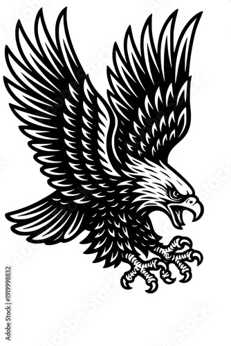 Minimal monochrome flying eagle outline drawing, claws extended, clean line art design