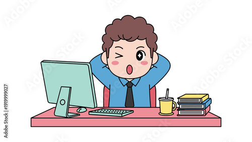 Cartoon illustration of a man sitting at his desk, looking tired and yawning while working on his computer.