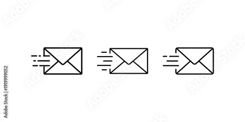 Fast mail delivery icon set featuring envelope with motion lines representing quick email sending rapid logistics and efficient digital communications